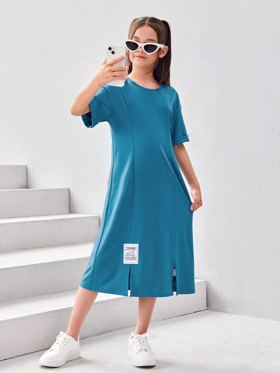 SHEIN Đầm Gái Đắp vá Chia Lá thư Giải trí - Màu xanh bụi bặm - Xem 1