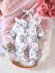 SHEIN 女嬰大象印花荷葉邊連身褲和頭巾 - 白色 - 查看 1