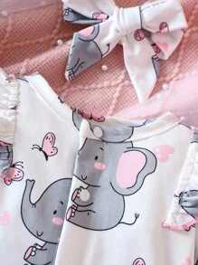 SHEIN 女嬰大象印花荷葉邊連身褲和頭巾 - 白色 - 查看 3