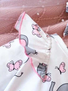 SHEIN 女嬰大象印花荷葉邊連身褲和頭巾 - 白色 - 查看 4