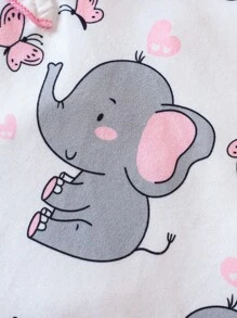 SHEIN 女嬰大象印花荷葉邊連身褲和頭巾 - 白色 - 查看 5