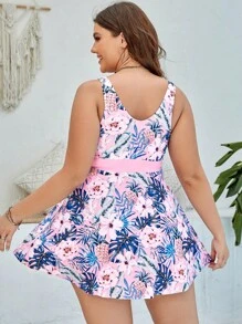 Swim Lushoire Vestido de baño de playa de talla grande con estampado tropical y nudo delantero - Rosa Oxidada - Ver 2