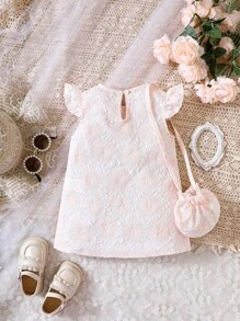 Đầm em bé Nơ Bướm Xù Nút màu trơn - Màu Hồng baby - Xem 2