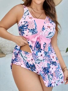Swim Lushoire Vestido de baño de playa de talla grande con estampado tropical y nudo delantero - Rosa Oxidada - Ver 4