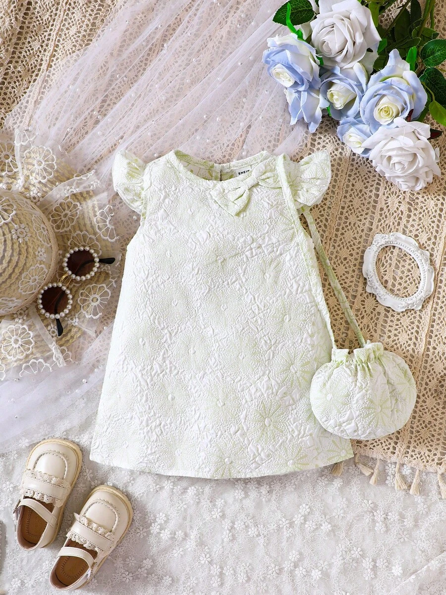 Baby Floral Jacquard Ruffle Trim Dress With Bag - Mint Green - View 1