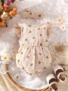 Bodysuits Em bé Nơ Bướm Xù Nút phía trước Tim - Màu be - Xem 2