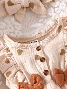 Bodysuits Em bé Nơ Bướm Xù Nút phía trước Tim - Màu be - Xem 4