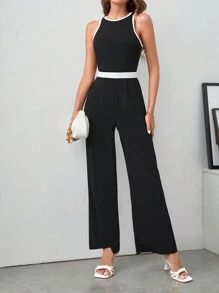 SHEIN Frenchy Áo liền quần nữ Dây kéo Tương phản ràng buộc Khối Màu Thanh lịch - màu đen - Xem 1