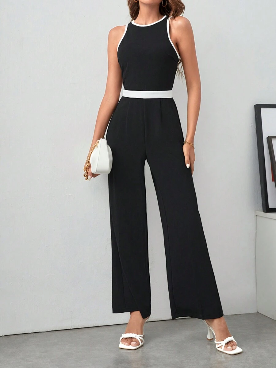 SHEIN Frenchy Áo liền quần nữ Dây kéo Tương phản ràng buộc Khối Màu Thanh lịch - màu đen - Xem 1
