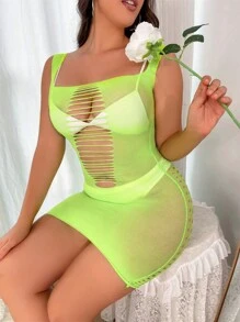 大碼鏤空連衣裙不附帶內衣褲套裝 - 綠色 - 查看 1