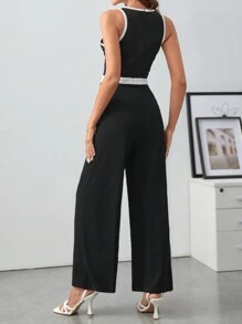 SHEIN Frenchy Áo liền quần nữ Dây kéo Tương phản ràng buộc Khối Màu Thanh lịch - màu đen - Xem 5