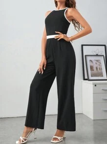SHEIN Frenchy Áo liền quần nữ Dây kéo Tương phản ràng buộc Khối Màu Thanh lịch - màu đen - Xem 6