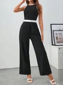 SHEIN Frenchy Áo liền quần nữ Dây kéo Tương phản ràng buộc Khối Màu Thanh lịch - màu đen - Xem 7