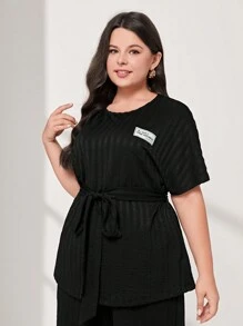 Mulvari 大碼字母補丁細節腰帶T恤&闊腿褲 - 黑色 - 查看 4