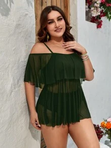 大码荷叶边下摆泳衣夏季海滩 - 軍綠色 - 查看 4