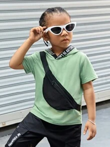 SHEIN Tops con trai lớn Dây kéo Ruy băng Slogan Giải trí - Màu xanh Bạc hà - Xem 1