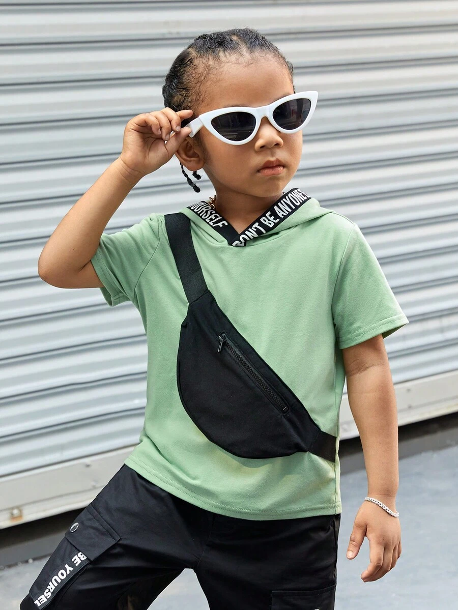 SHEIN Tops con trai lớn Dây kéo Ruy băng Slogan Giải trí - Màu xanh Bạc hà - Xem 1