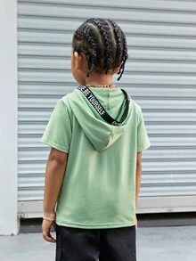SHEIN Tops con trai lớn Dây kéo Ruy băng Slogan Giải trí - Màu xanh Bạc hà - Xem 2
