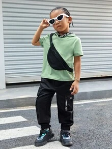SHEIN Tops con trai lớn Dây kéo Ruy băng Slogan Giải trí - Màu xanh Bạc hà - Xem 3