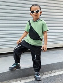 SHEIN Tops con trai lớn Dây kéo Ruy băng Slogan Giải trí - Màu xanh Bạc hà - Xem 4