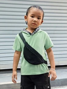 SHEIN Tops con trai lớn Dây kéo Ruy băng Slogan Giải trí - Màu xanh Bạc hà - Xem 5