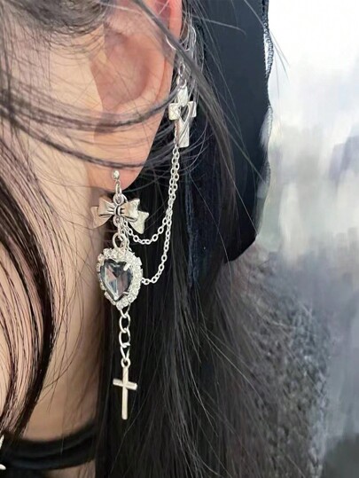 Goth 1pc Glamorous Zinc Alloy Heart & Cross Rhinestone Decor Earrings For Women For Daily Decoration Valentines