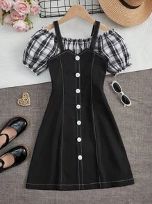 SHEIN 女孩格紋印花一字肩褶邊襯衫&吊帶連衣裙 - 黑色 - 查看 1