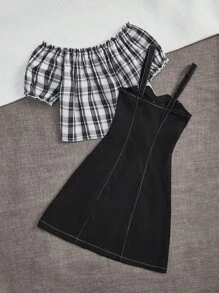 SHEIN 女孩格紋印花一字肩褶邊襯衫&吊帶連衣裙 - 黑色 - 查看 2