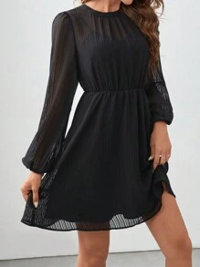 SHEIN Frenchy 燈籠袖雪紡連衣裙不附腰帶 - 黑色 - 查看 6