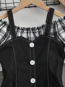 SHEIN 女孩格紋印花一字肩褶邊襯衫&吊帶連衣裙 - 黑色 - 查看 3