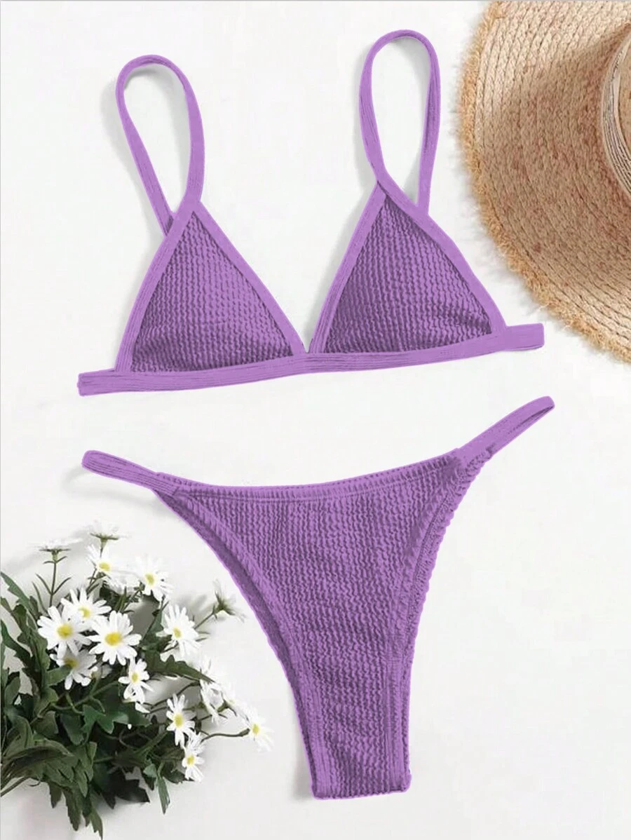 SHEIN Swim Bộ Bikini Nữ màu trơn - Màu tím - Xem 1