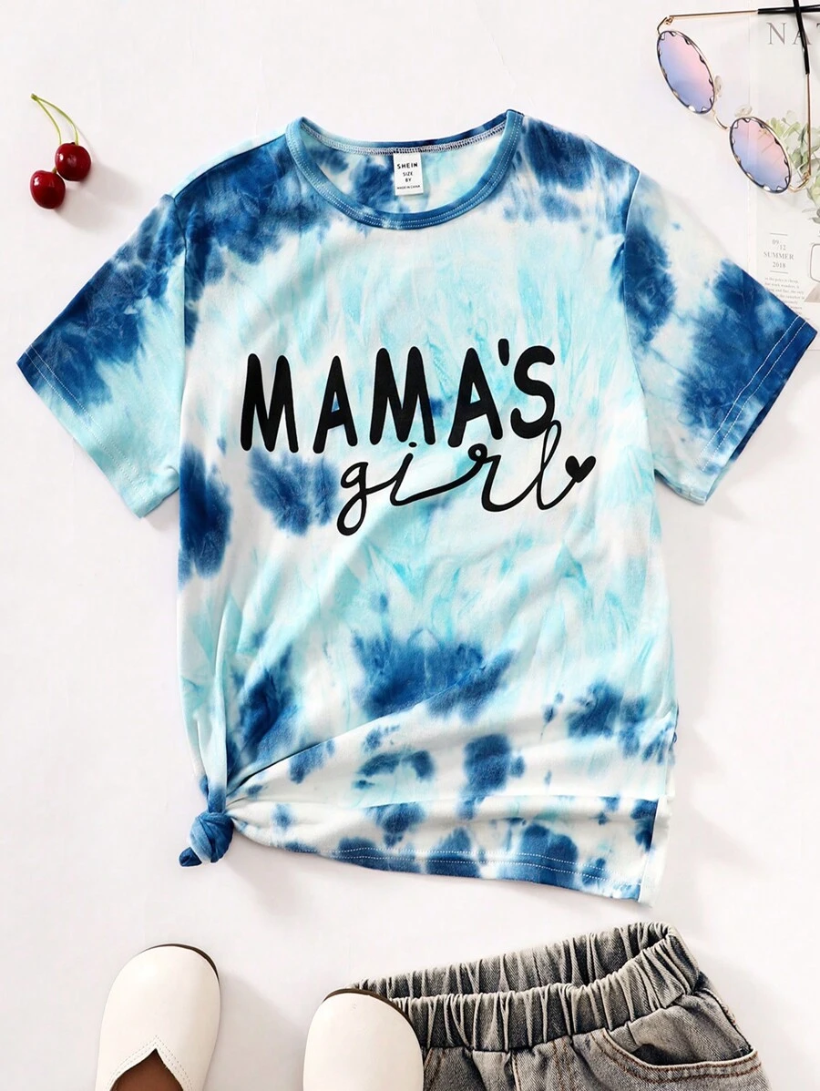 SHEIN Cô gái Tween Nhuộm buộc Đồ họa Chữ cái Áo thun - Xanh và trắng - Xem 1