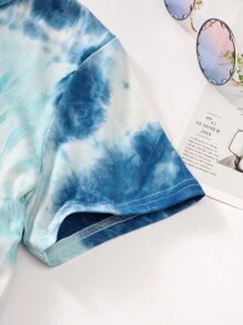 SHEIN Cô gái Tween Nhuộm buộc Đồ họa Chữ cái Áo thun - Xanh và trắng - Xem 4