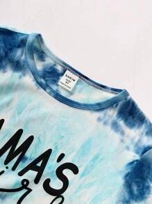 SHEIN Cô gái Tween Nhuộm buộc Đồ họa Chữ cái Áo thun - Xanh và trắng - Xem 5