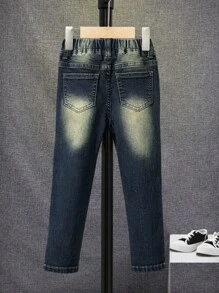 SHEIN Young Boy Ripped Frayed Bleach Wash Jeans - Dark Wash - View 2