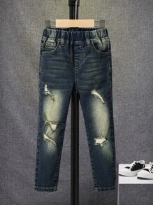 SHEIN Young Boy Ripped Frayed Bleach Wash Jeans - Dark Wash - View 1