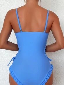 Lace Up Side Frill Trim Push Up One Piece Swimsuit - Blue - View 2