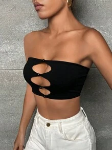 SHEIN PETITE 露腹部設計的無肩帶上衣,前面剪裁帶刺繡裝飾 - 黑色 - 查看 3