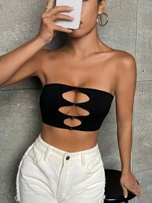 SHEIN PETITE 露腹部設計的無肩帶上衣,前面剪裁帶刺繡裝飾 - 黑色 - 查看 4