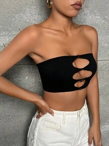 SHEIN PETITE 露腹部設計的無肩帶上衣,前面剪裁帶刺繡裝飾 - 黑色 - 查看 5