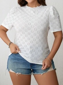 SHEIN VCAY Plus Eyelet Embroidery Puff Sleeve Summer Tee - White - View 4