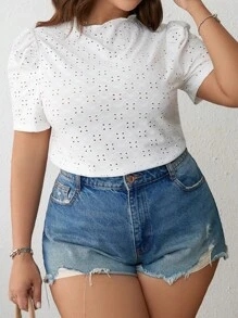 SHEIN VCAY Plus Eyelet Embroidery Puff Sleeve Summer Tee - White - View 3