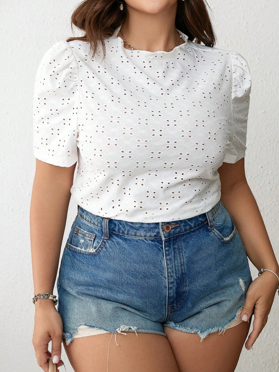 SHEIN VCAY Plus Eyelet Embroidery Puff Sleeve Summer Tee - White - View 1