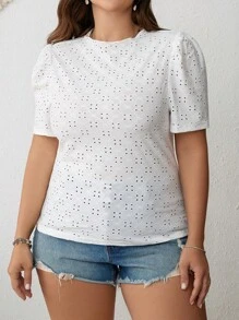 SHEIN VCAY Plus Eyelet Embroidery Puff Sleeve Summer Tee - White - View 5