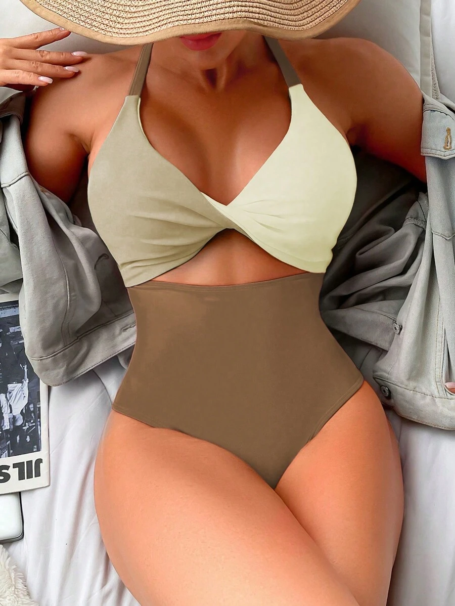 SHEIN Swim Colour Block Twist Front Halter One Piece Swimsuit - Brown - View 1