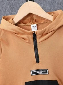 SHEIN Explorewe 男小童字母貼布袋鼠口袋連帽衫和運動褲 - 棕色 - 查看 4