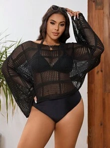 Swim Vcay Plus Size Women's Solid Color Sexy Loose Hollow-Out Batwing Sleeve Beach Cover Up, Summer - Black - View 4