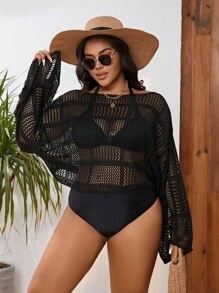Swim Vcay Plus Size Women's Solid Color Sexy Loose Hollow-Out Batwing Sleeve Beach Cover Up, Summer - Black - View 6
