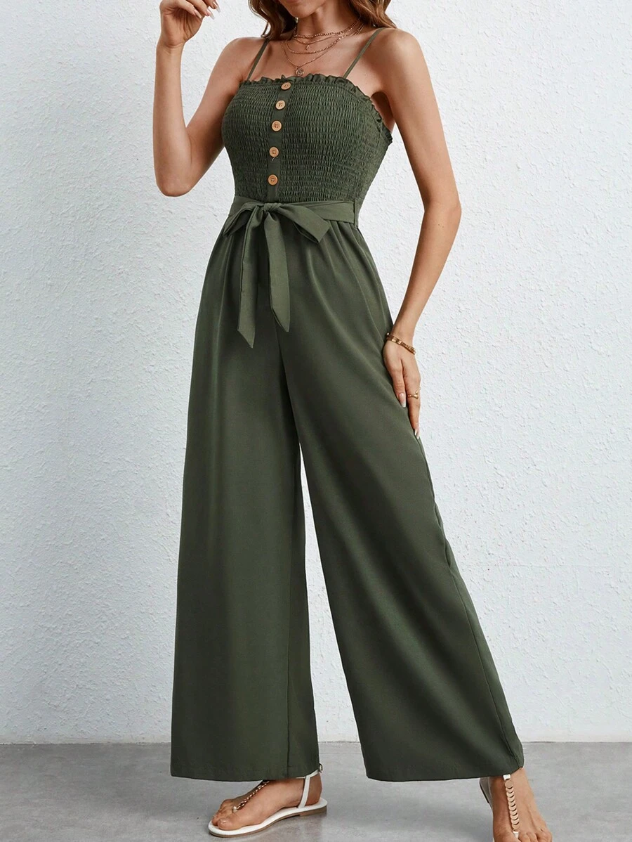 SHEIN Frenchy Áo liền quần nữ Thắt lưng Nút viền lá sen Dải chun màu trơn Giải trí - xanh quân đội - Xem 1