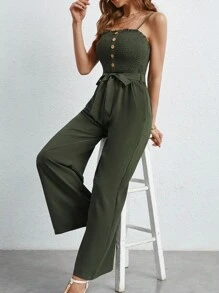 SHEIN Frenchy Áo liền quần nữ Thắt lưng Nút viền lá sen Dải chun màu trơn Giải trí - xanh quân đội - Xem 4